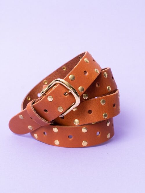 BELT LEATHER LONG COGNAC GOLD STUDS